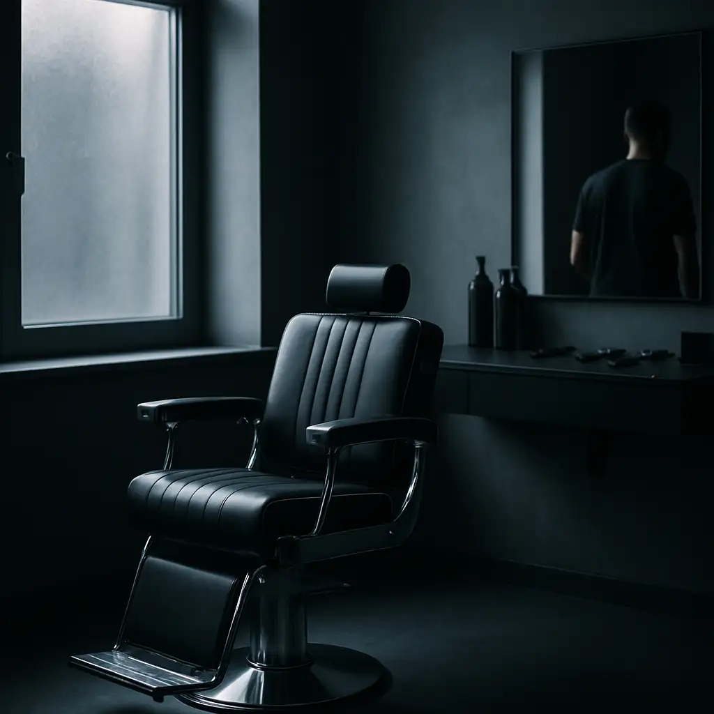 A black leather and chrome barber chair beside a bright window in a charcoal room