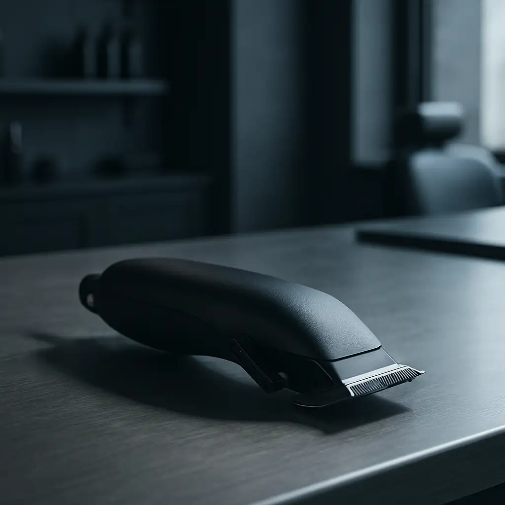Matte black barber clippers on a brushed steel counter in cold daylight