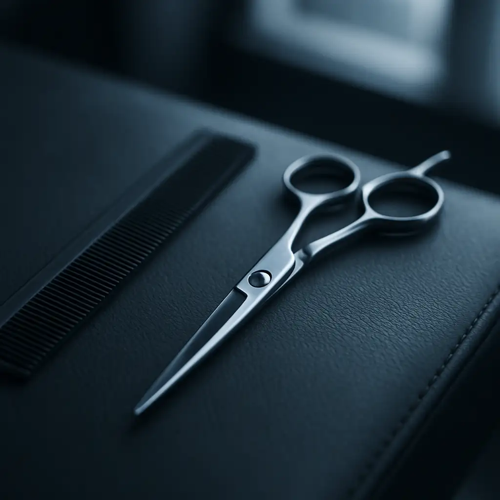 Steel barber scissors and a dark comb on charcoal leather in cool light