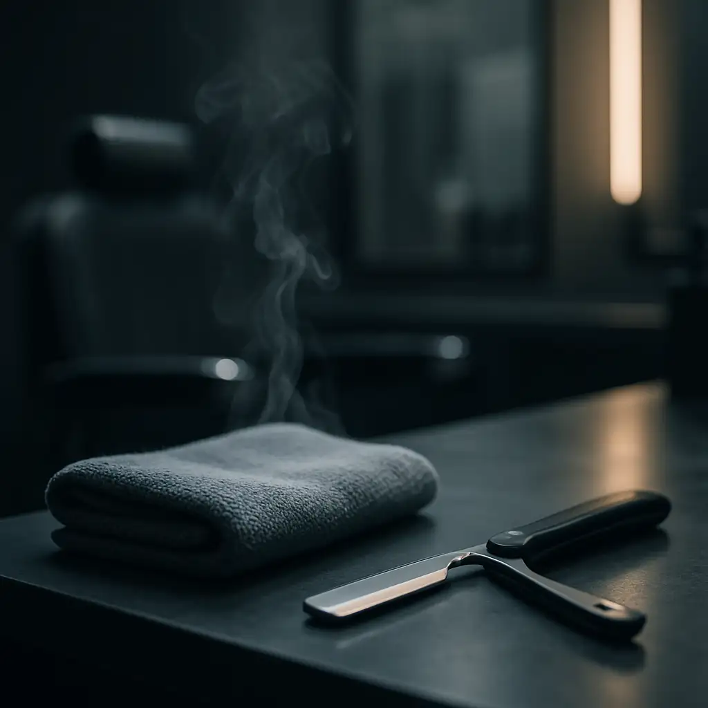 Hot towel and straight razor resting on a barber counter